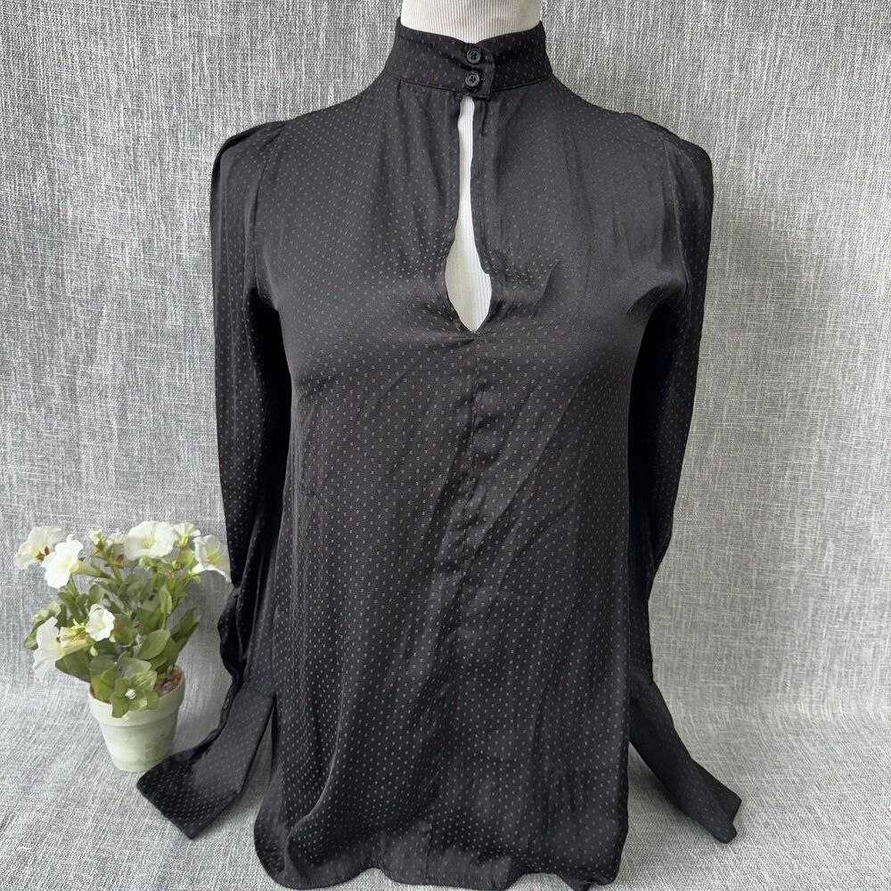 HM Black Grey Polka Dot Long Sleeve Keyhole Neck Shirt Blouse Top Women Size 2